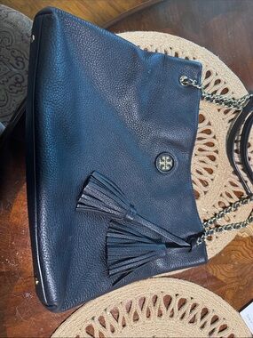 Tory Burch Black Pebbled Leather Tassel Chain-Shoulder Bag